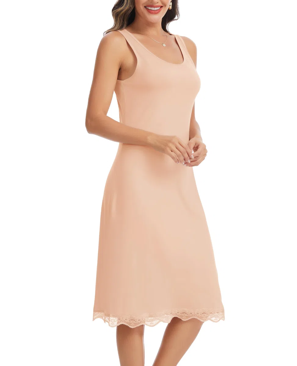 Lovasy Sottoveste Donna Lunga con Pizzo Sottovesti in Modal Senza Maniche Sexy Camicia da Notte con Spalla Larga Sottoveste Gonna Elegante Modellante Antistatica
