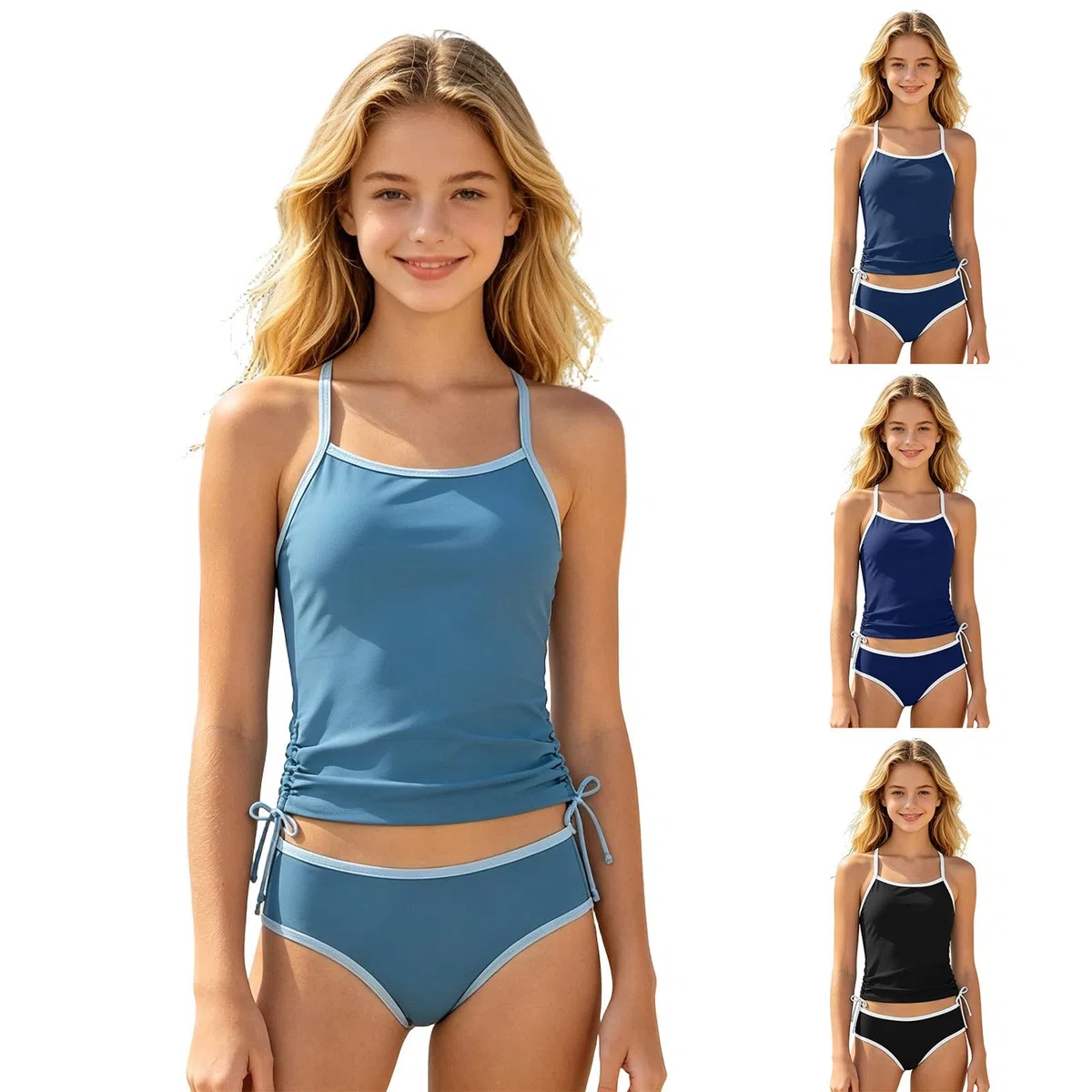 Generico Costumi da Bagno 2 Pezzi Ragazza Adolescente Tankini con Bretelle Regolabili e Slip Completo Spiaggia Piscina Tankini Due Pezzi Sportivo Costumi da Bagno Tinta Unita Bikini Set
